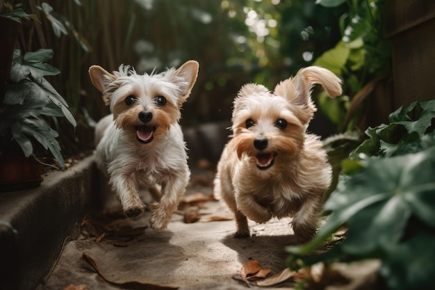 Due cuccioli di Yorkshire Terrier che giocano in giardino in una giornata di sole Due simpatici cani di piccola taglia che giocano e corrono in un giardino verde AI Generato