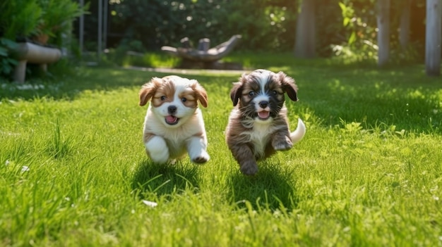 Due cuccioli giocosi che si rincorrono attorno a un gras generato dall'IA