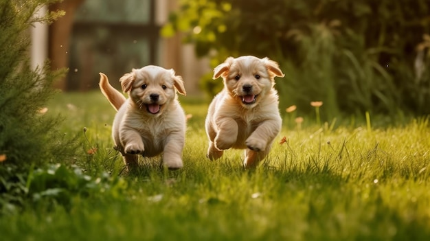 Due cuccioli giocosi che si rincorrono attorno a un gras generato dall'IA