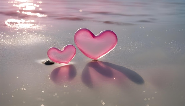 due cuori rosa sono posizionati sulla spiaggia