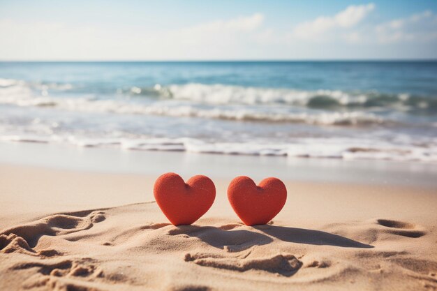 due cuori rossi sulla sabbia sullo sfondo dell'oceano in un giorno di sole