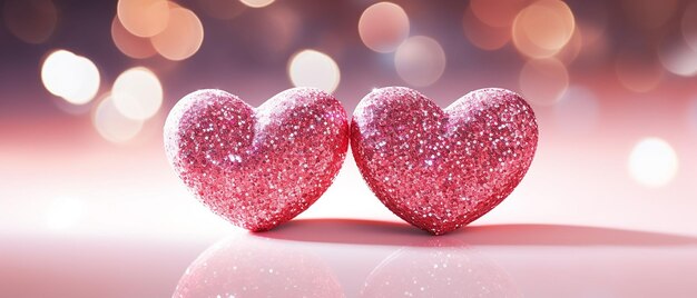 Due cuori scintillanti d'amore su glitter rosa su sfondo lucido