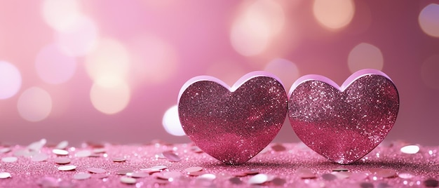 Due cuori scintillanti d'amore su glitter rosa su sfondo lucido
