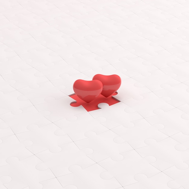 Due cuori sono isolati su puzzle bianco, concetto di San Valentino, rendering 3d.