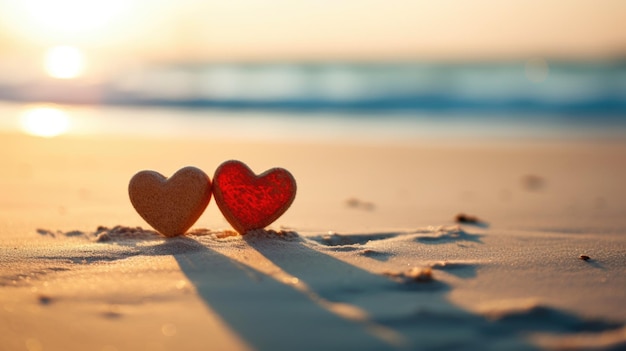 Due cuori sulla spiaggia di sabbia al tramonto Valentines Concept