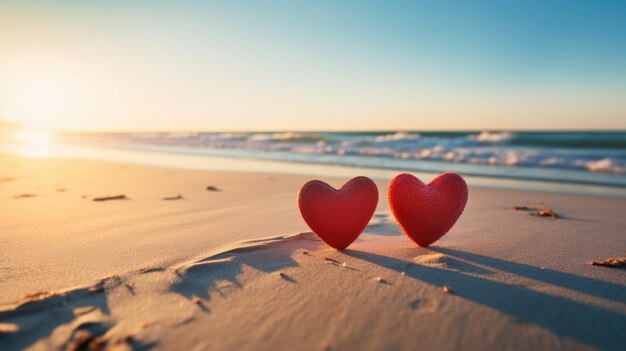 Due cuori sulla spiaggia di sabbia al tramonto Valentines Concept