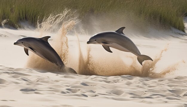 Due delfini che saltano fuori dalle dune di sabbia IA generativa