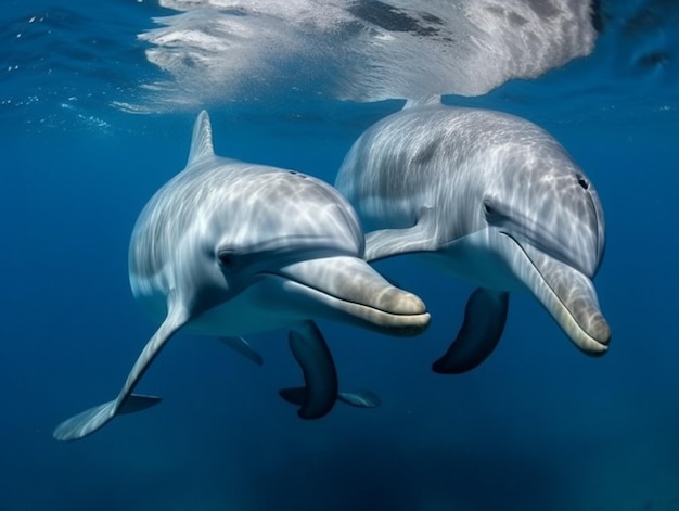 Due delfini nuotano nell'oceano e uno indossa un collare.
