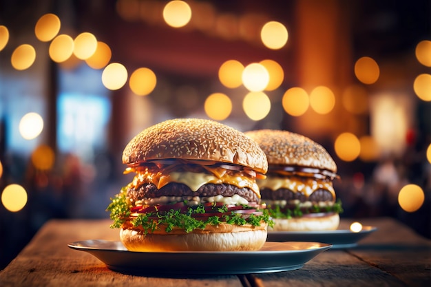 Due deliziosi hamburger di formaggio di manzo e verdure sul tavolo del ristorante in legno Primo piano del cibo gustoso Illustrazione dell'intelligenza artificiale generativa