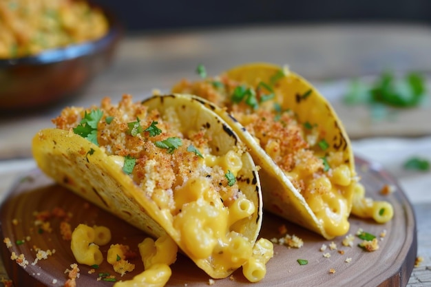 Due deliziosi tacos pieni di cremoso macchiato e formaggio seduti in modo allettante su un piatto pronto ad essere divorato