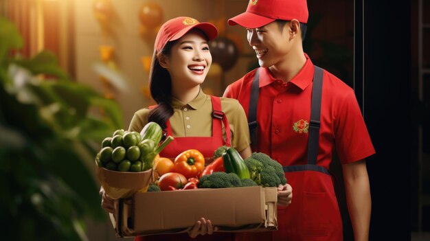 Due dipendenti in uniforme consegnano frutta e verdura fresca. Creato con la tecnologia dell'intelligenza artificiale generativa