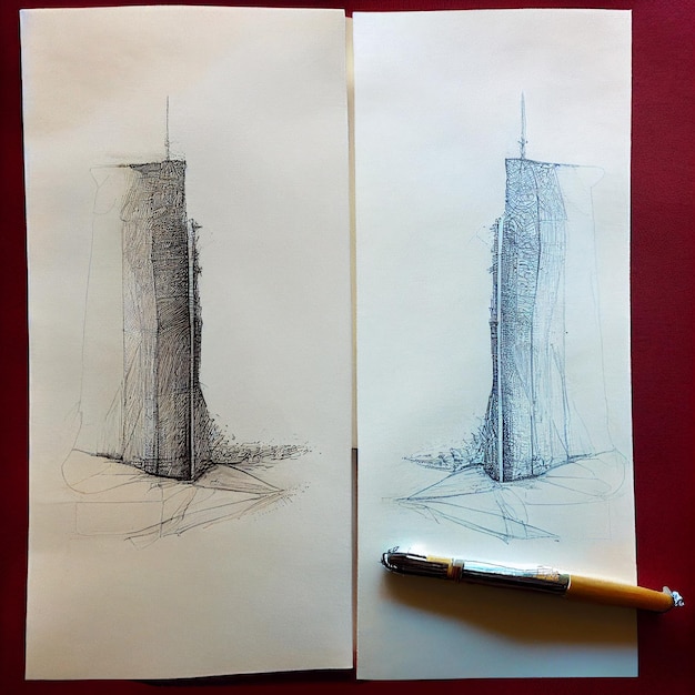 Due disegni di un edificio con accanto una matita.