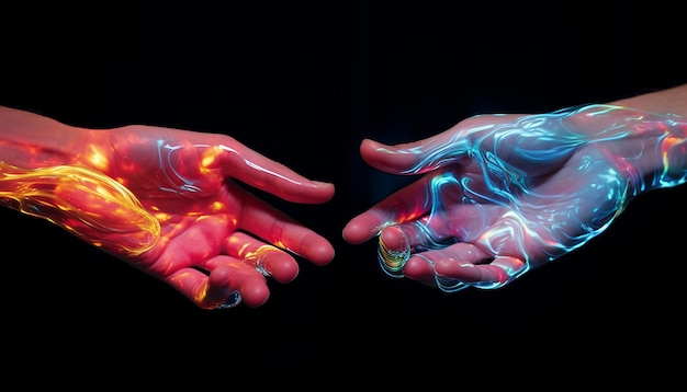 Due dita che si toccano fatte di vibrante plasma liquido