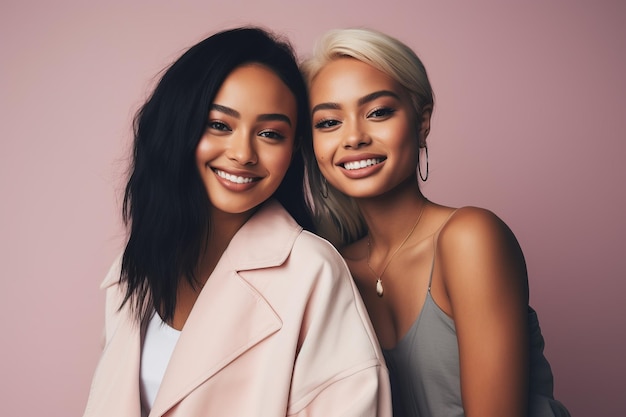 Due diverse donne felici che sorridono insieme in un ambiente di studio Coppia femminile o migliori amiche