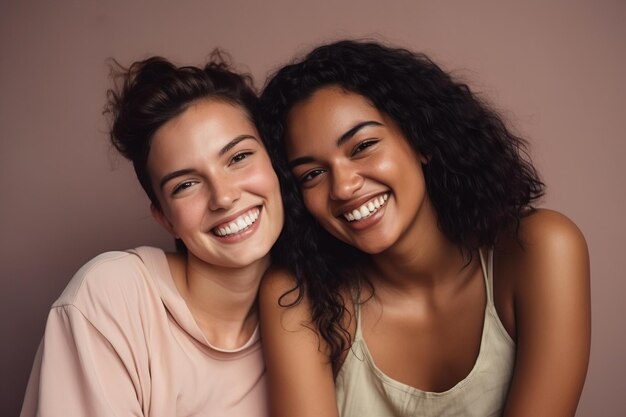 Due diverse donne felici che sorridono insieme in un ambiente di studio Coppia femminile o migliori amiche