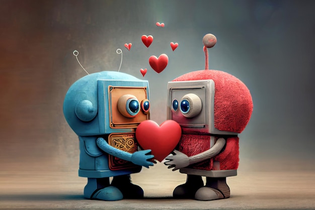 Due dolci robot amichevoli innamorati che si tengono per mano e un cuore rosso, simbolo dell'amore, generato dai