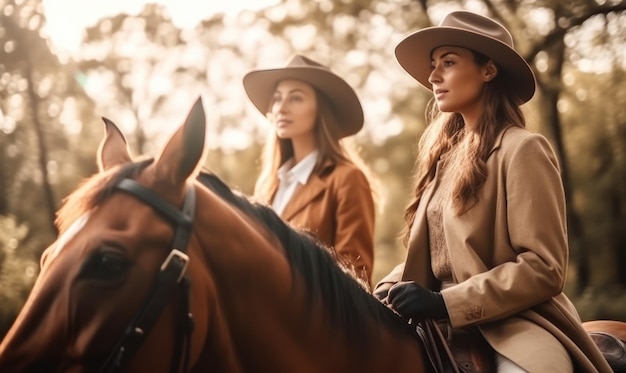 Due donne a cavallo in una foresta