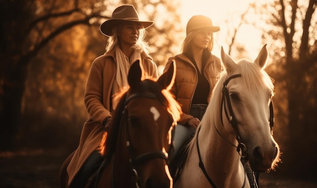 Due donne a cavallo nel tramonto