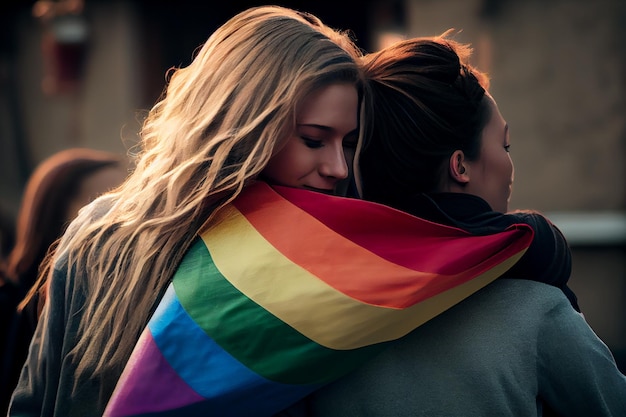 Due donne alla parata LGBT con una bandiera arcobaleno Vista dal retro Generata dall'intelligenza artificiale