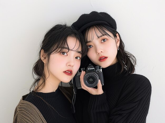 due donne asiatiche che posano con la telecamera di fronte