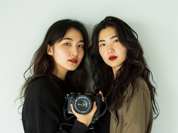 due donne asiatiche in posa con la fotocamera davanti