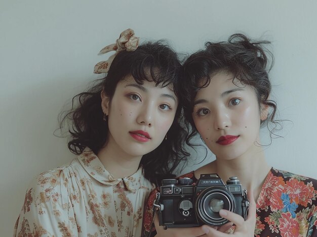 due donne asiatiche in posa con la fotocamera davanti