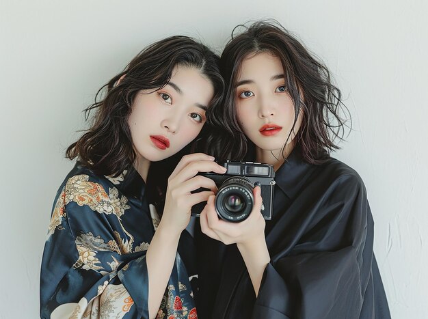 due donne asiatiche in posa con la fotocamera davanti