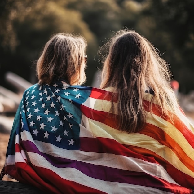 Due donne avvolte in una bandiera con su scritto "orgoglio americano".