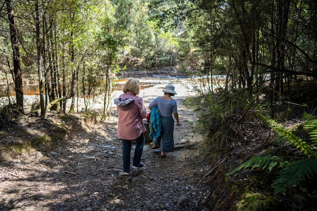 Due donne che camminano su un sentiero nel bosco