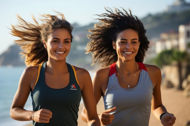 Due donne che fanno jogging sul lungomare della spiaggia abbracciando uno stile di vita in forma durante l'estate