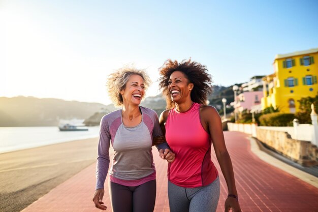 Due donne che fanno jogging sul lungomare della spiaggia abbracciando uno stile di vita in forma durante l'estate