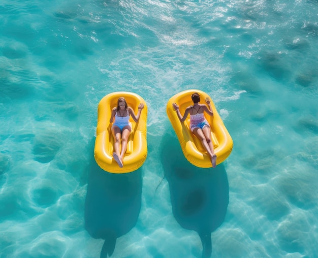 Due donne che galleggiano sull'oceano su zattere gonfiabili