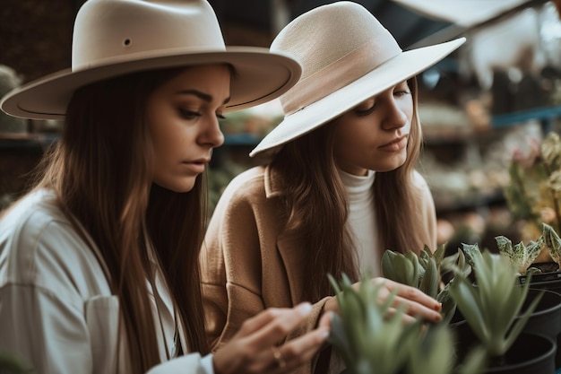 Due donne che guardano le piante in un mercato