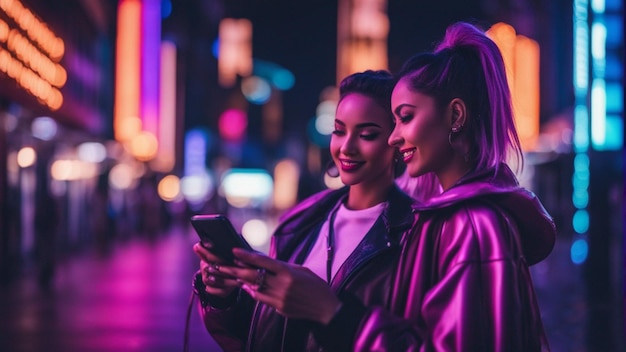 due donne che guardano un telefono con le luci dietro di loro.