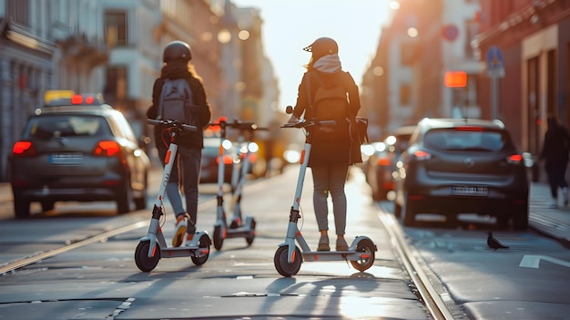 Due donne che guidano scooter elettrici lungo la strada in un'area urbana per mostrare la cultura vibrante ed energetica della vita urbana e la tendenza