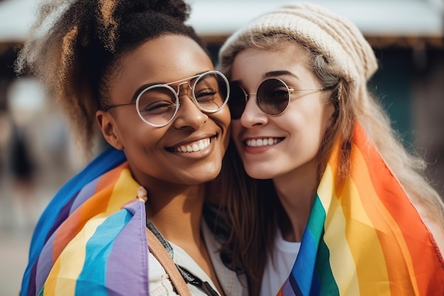 Due donne che indossano bandiere arcobaleno si abbracciano e sorridono.