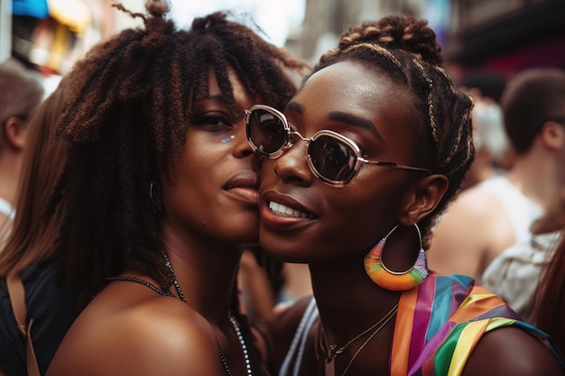 Due donne che indossano occhiali da sole arcobaleno sono in piedi in mezzo alla folla.