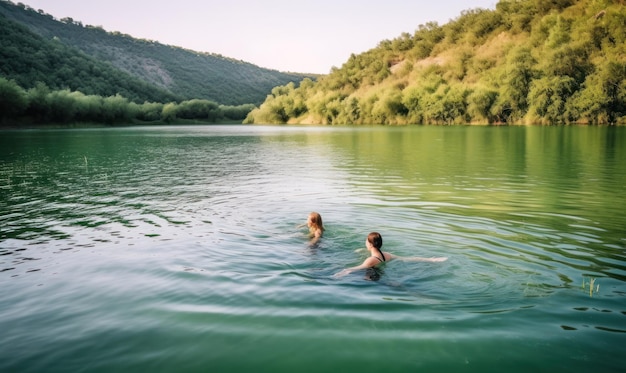 Due donne che nuotano in un lago con le montagne sullo sfondo