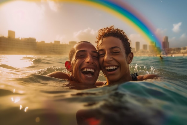 Due donne che nuotano nell'oceano con un arcobaleno sullo sfondo.