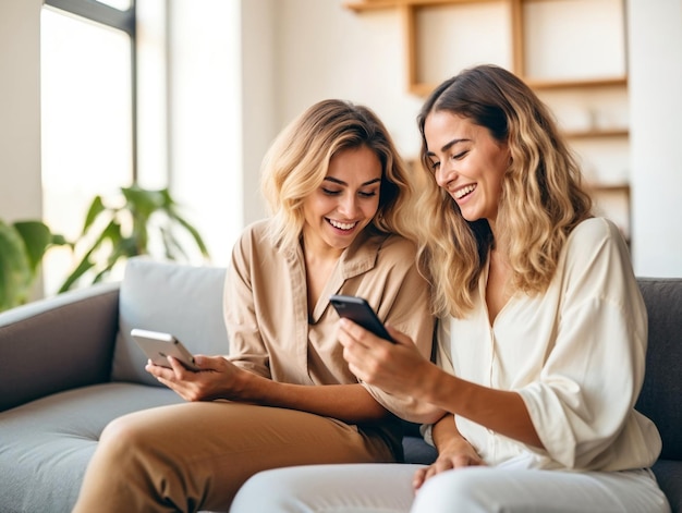 Due donne che ridono e condividono contenuti sullo smartphone a casa