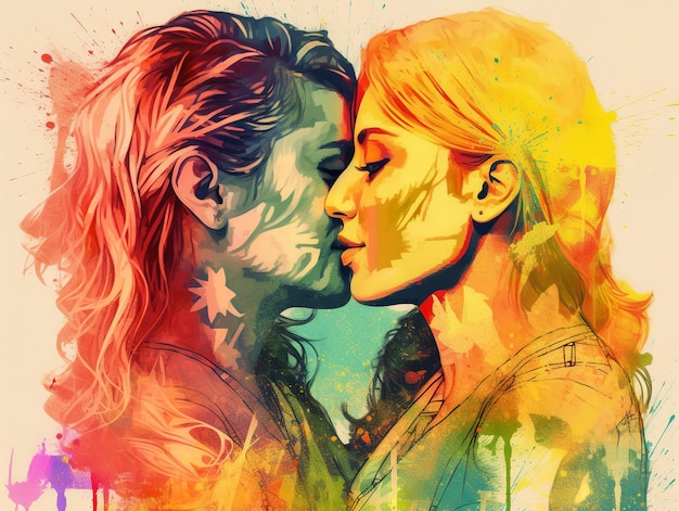 Due donne che si baciano con una spruzzata dei colori dell'arcobaleno che celebrano il giorno dell'orgoglio LGBT