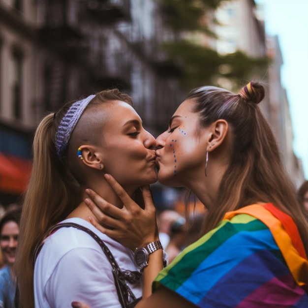 Due donne che si baciano in mezzo alla folla con una che indossa una maglietta arcobaleno