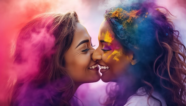 Due donne che si baciano in vernice al festival Happy Holi concetto indiano