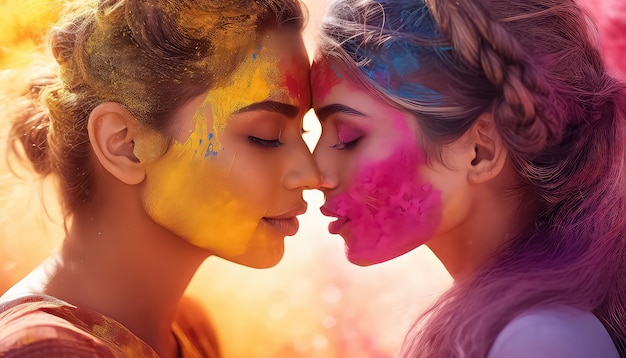 Due donne che si baciano in vernice al festival Happy Holi concetto indiano