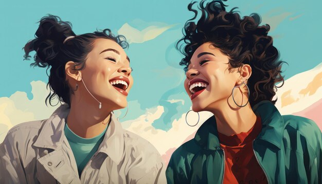 Due donne che sono migliori amiche condividono le risate sullo sfondo di un cielo blu