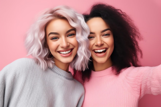 Due donne che sorridono e ridono insieme su uno sfondo rosa