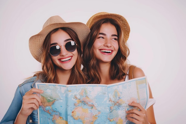 due donne con gli occhiali da sole che tengono una mappa e sorridono