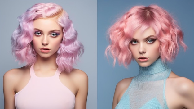 Due donne con i capelli rosa e una di loro ha i capelli rosa e l'altra ha un top blu.