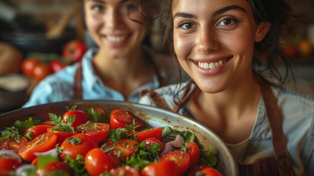 Due donne con una padella di cibo