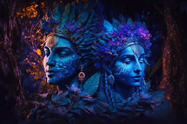 Due donne con vernice blu per il viso e piume sullo sfondo